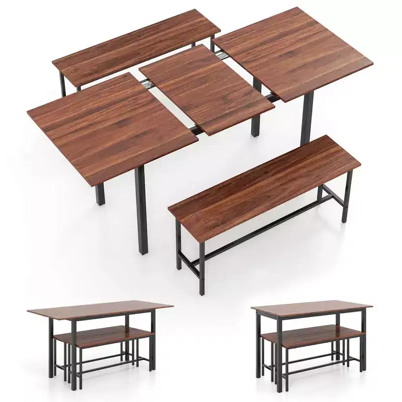 Costway 3 Piece Dining Table Set for 4-6 63Kitchen Table with 2 Benches Metal Frame Black/Walnut