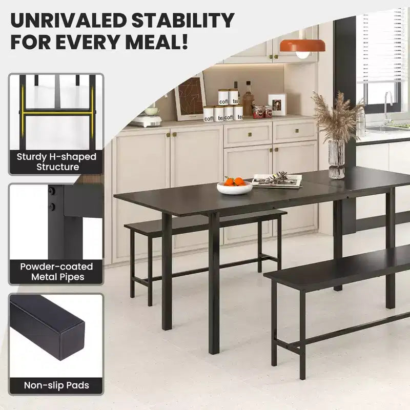 Costway 3 Piece Dining Table Set for 4-6 63Kitchen Table with 2 Benches Metal Frame Black/Walnut