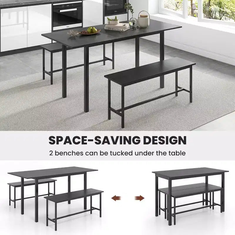 Costway 3 Piece Dining Table Set for 4-6 63Kitchen Table with 2 Benches Metal Frame Black/Walnut