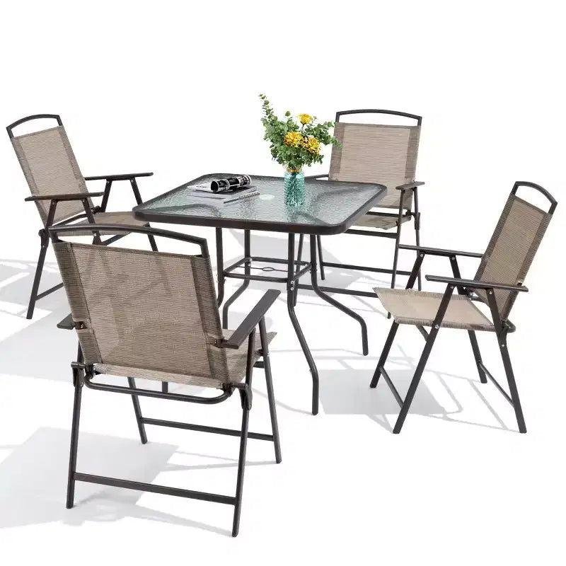 Crestlive Products 5 Piece Patio Dining Set with 4 Folding Chairs and Table Outdoor Dining Furniture with Square Glass Tabletop