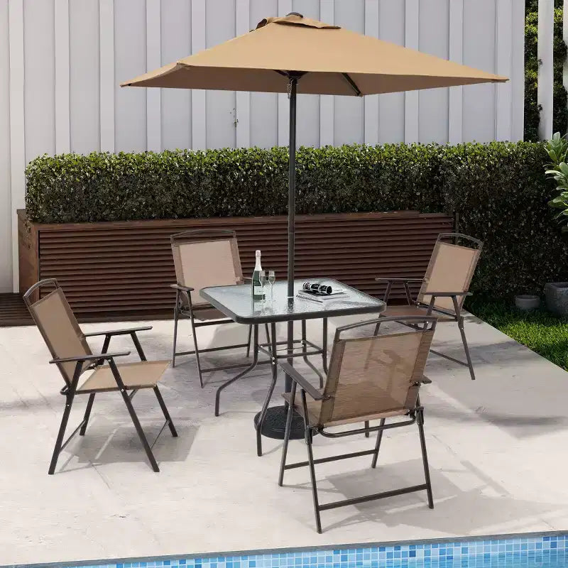Crestlive Products 6-delars matgrupp för uteplats med 4 hopfällbara stolar, fyrkantigt bord i härdat glas och parasoll