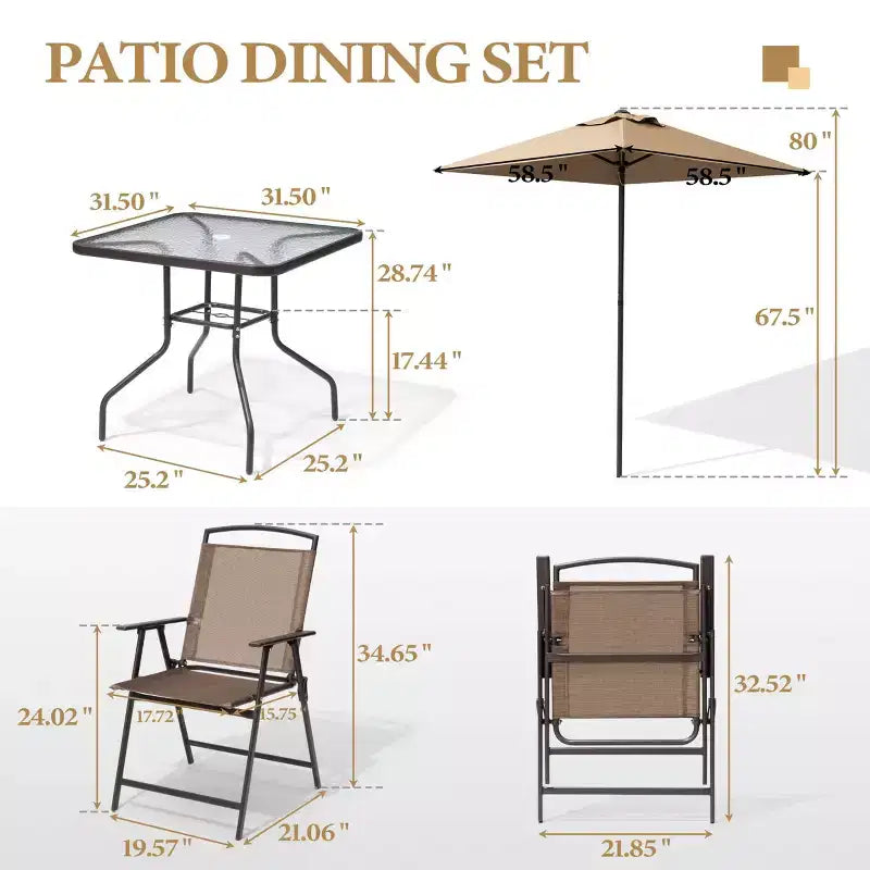 Crestlive Products 6-delars matgrupp för uteplats med 4 hopfällbara stolar, fyrkantigt bord i härdat glas och parasoll