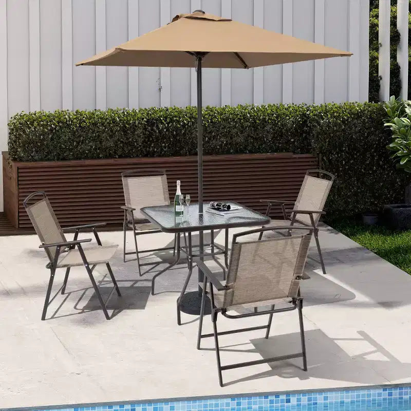 Crestlive Products 6-delars matgrupp för uteplats med 4 hopfällbara stolar, fyrkantigt bord i härdat glas och parasoll