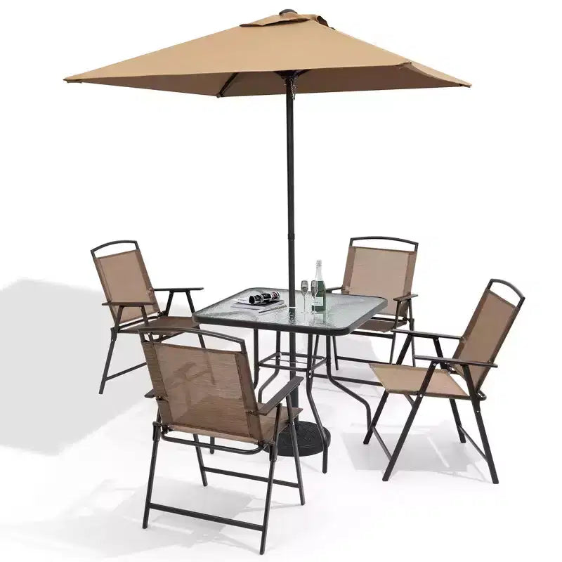 Crestlive Products 6-delars matgrupp för uteplats med 4 hopfällbara stolar, fyrkantigt bord i härdat glas och parasoll