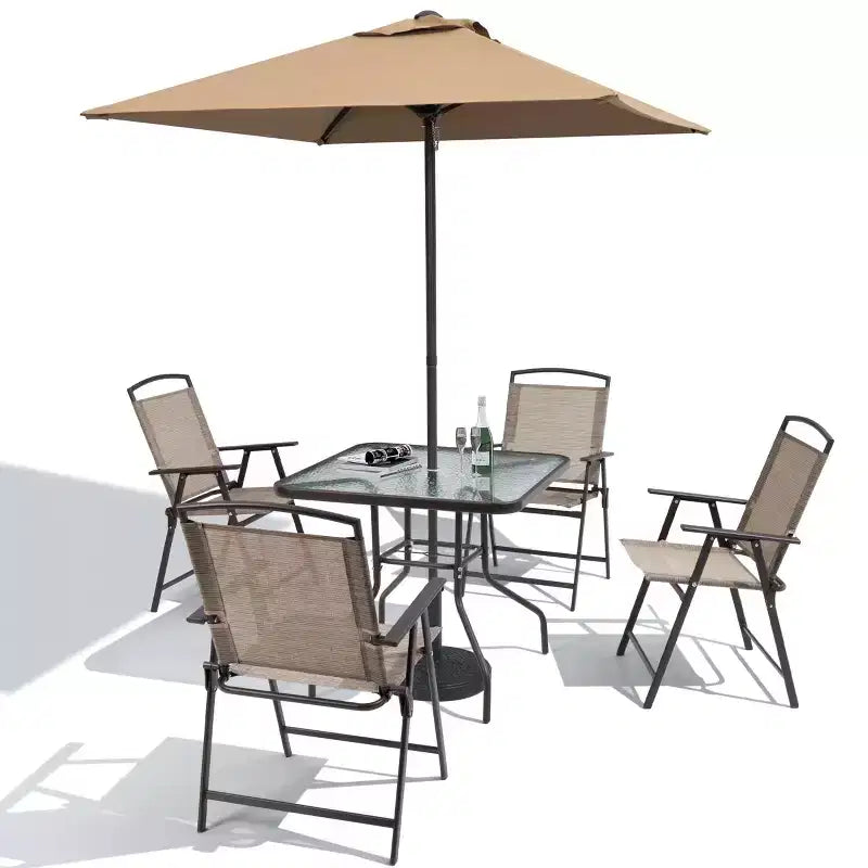 Crestlive Products 6-delars matgrupp för uteplats med 4 hopfällbara stolar, fyrkantigt bord i härdat glas och parasoll