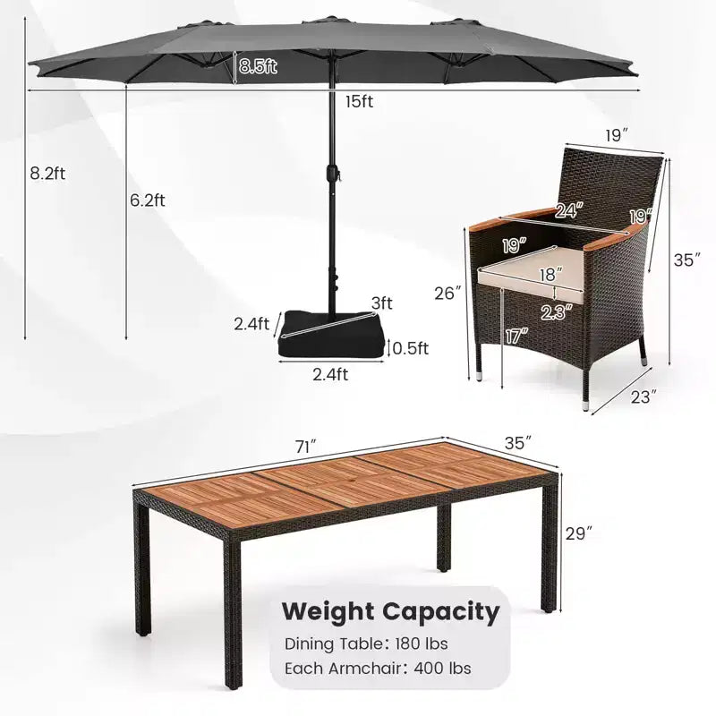 Costway 11-teiliges Essset für die Terrasse mit 4,6 m großem doppelseitigem Sonnenschirm (Standfuß inklusive), Beige/Kaffee/Marineblau/Orange/Weinrot/Grau