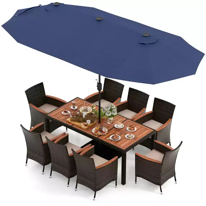 Costway 11-teiliges Essset für die Terrasse mit 4,6 m großem doppelseitigem Sonnenschirm (Standfuß inklusive), Beige/Kaffee/Marineblau/Orange/Weinrot/Grau
