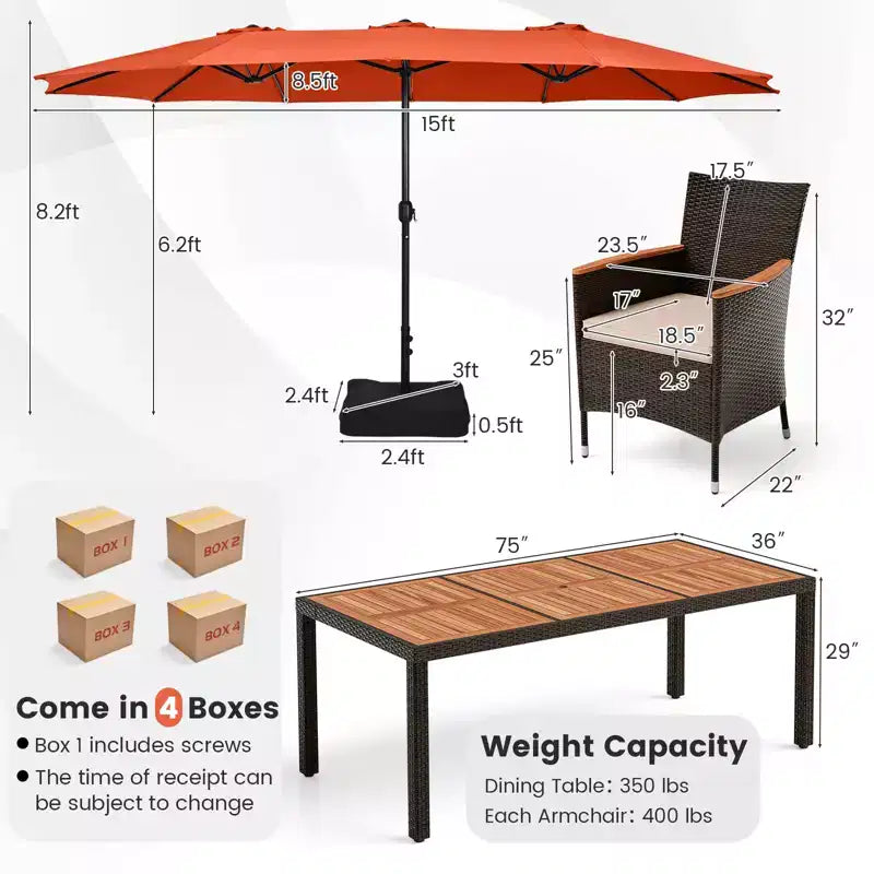Costway 11-teiliges Essset für die Terrasse mit 4,6 m großem doppelseitigem Sonnenschirm (Standfuß inklusive), Beige/Kaffee/Marineblau/Orange/Weinrot/Grau