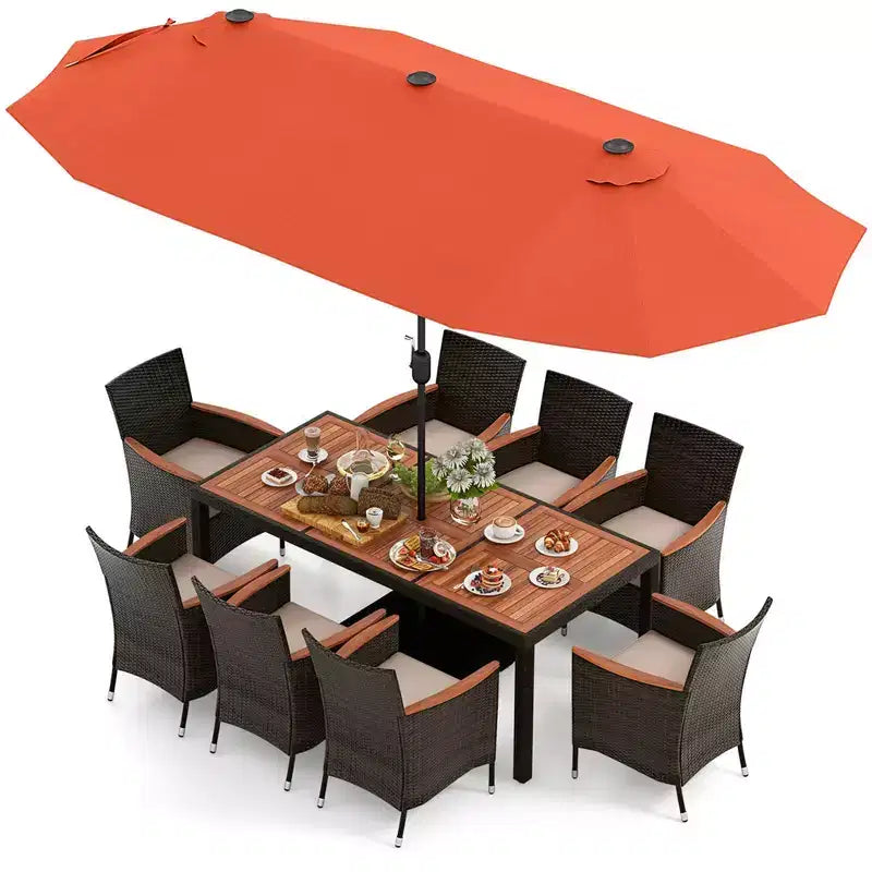 Costway 11-teiliges Essset für die Terrasse mit 4,6 m großem doppelseitigem Sonnenschirm (Standfuß inklusive), Beige/Kaffee/Marineblau/Orange/Weinrot/Grau