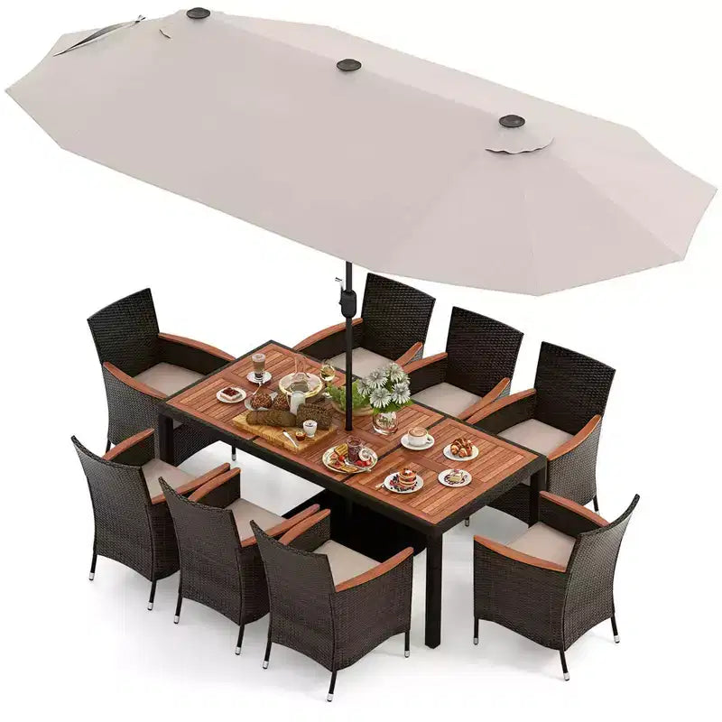 Costway 11-teiliges Essset für die Terrasse mit 4,6 m großem doppelseitigem Sonnenschirm (Standfuß inklusive), Beige/Kaffee/Marineblau/Orange/Weinrot/Grau