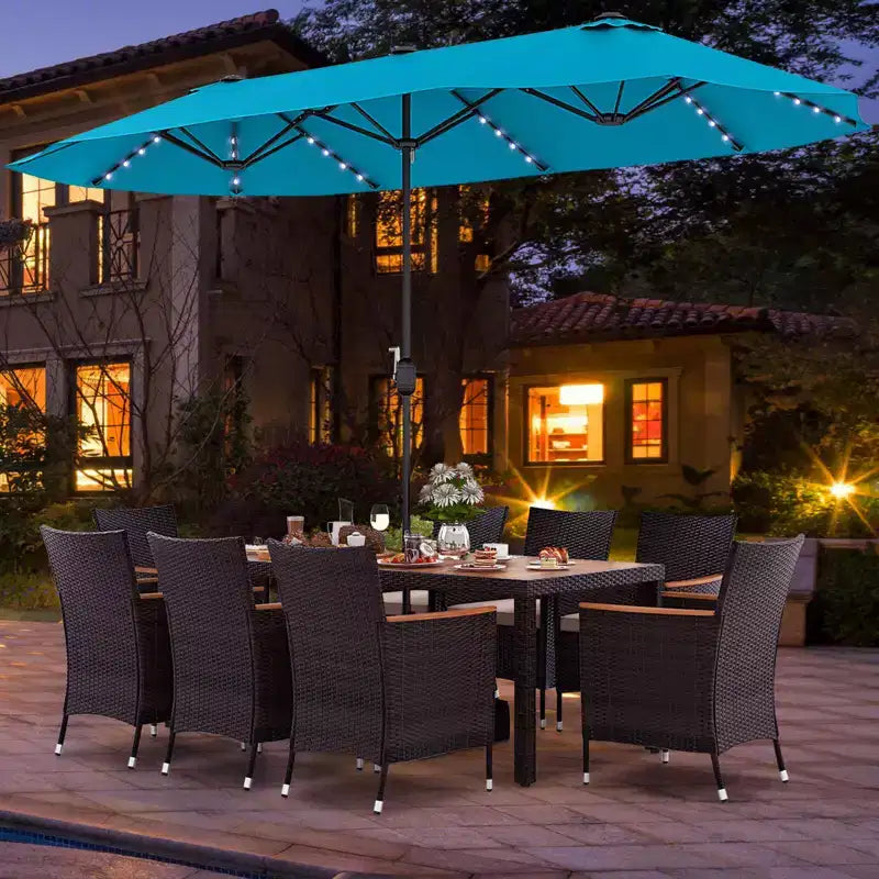Costway 11-teiliges Essset für die Terrasse mit 4,6 m großem doppelseitigem Sonnenschirm (Standfuß inklusive), Beige/Kaffee/Marineblau/Orange/Weinrot/Grau