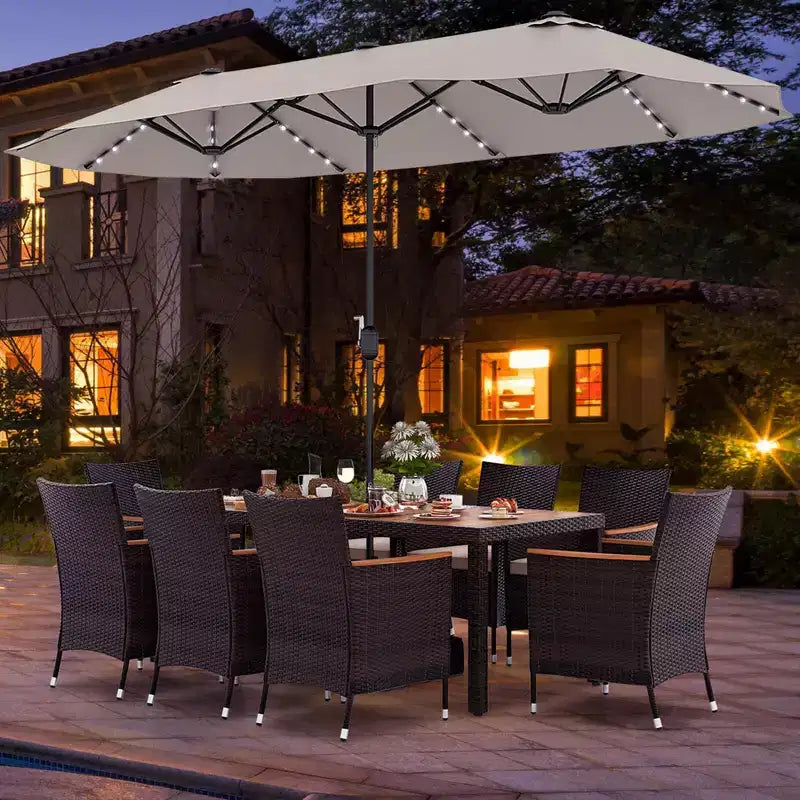 Costway 11-teiliges Essset für die Terrasse mit 4,6 m großem doppelseitigem Sonnenschirm (Standfuß inklusive), Beige/Kaffee/Marineblau/Orange/Weinrot/Grau