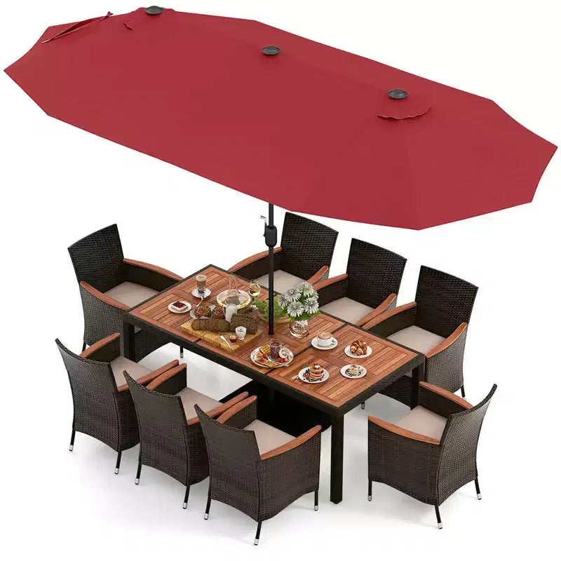 Costway 11-teiliges Essset für die Terrasse mit 4,6 m großem doppelseitigem Sonnenschirm (Standfuß inklusive), Beige/Kaffee/Marineblau/Orange/Weinrot/Grau