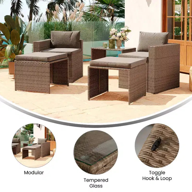 Juego de sofá modular de dos plazas para interior/exterior Flash Furniture Nico, con mesa y otomanas
