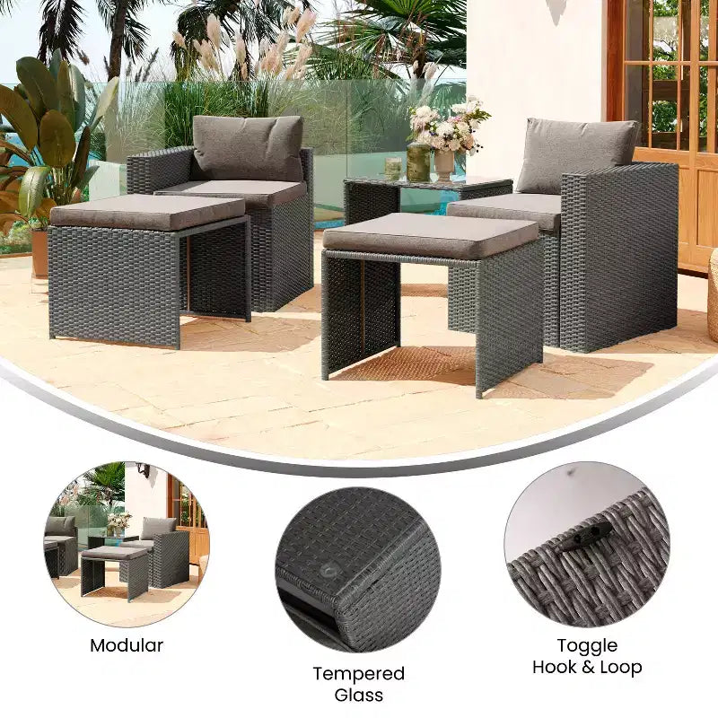 Juego de sofá modular de dos plazas para interior/exterior Flash Furniture Nico, con mesa y otomanas