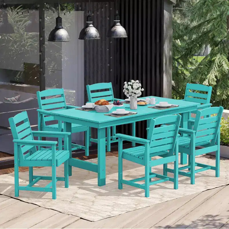 Hyleory 7-teiliges Outdoor-Esstischset, 66,9 Zoll großer rechteckiger Tisch mit Sonnenschirmöffnung und 6 Stühlen