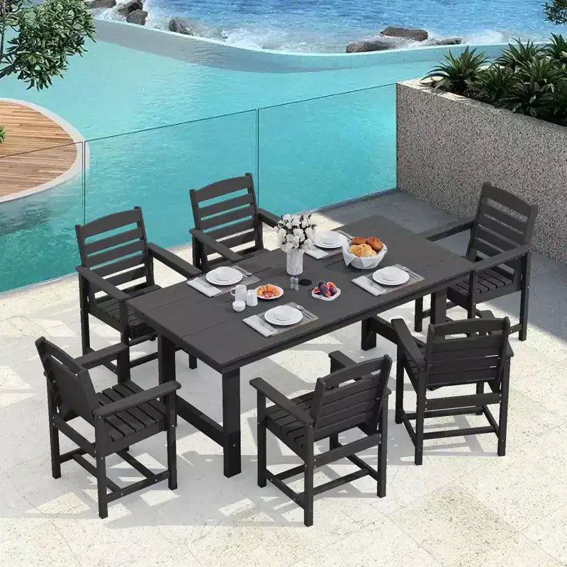 Hyleory 7-teiliges Outdoor-Esstischset, 66,9 Zoll großer rechteckiger Tisch mit Sonnenschirmöffnung und 6 Stühlen