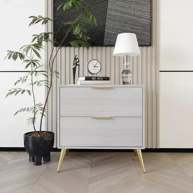2-Drawer Nightstand with Gold Legs and Handles, Solid Wood