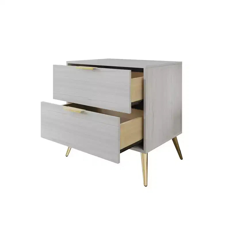 2-Drawer Nightstand with Gold Legs and Handles, Solid Wood