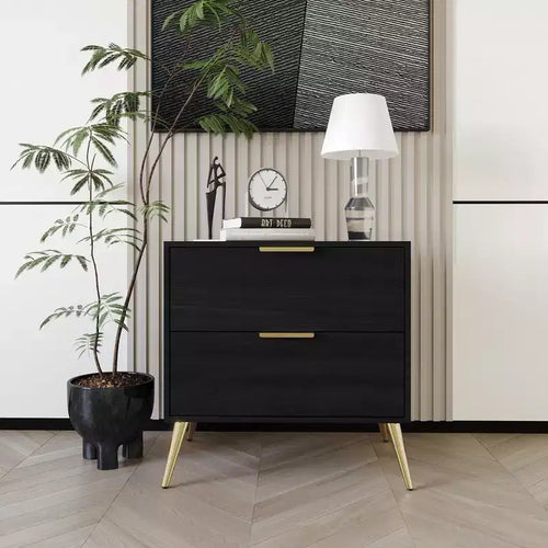 2-Drawer Nightstand with Gold Legs and Handles, Solid Wood
