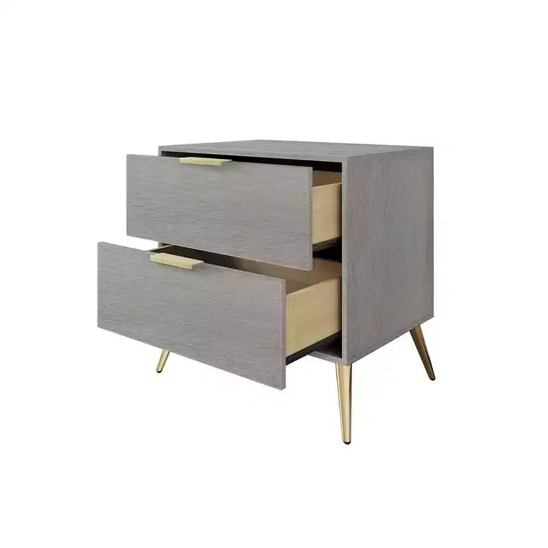 2-Drawer Nightstand with Gold Legs and Handles, Solid Wood