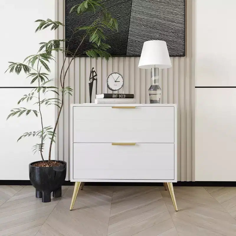 2-Drawer Nightstand with Gold Legs and Handles, Solid Wood
