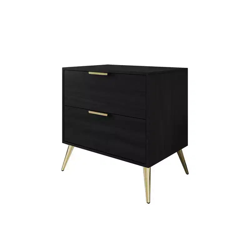 2-Drawer Nightstand with Gold Legs and Handles, Solid Wood