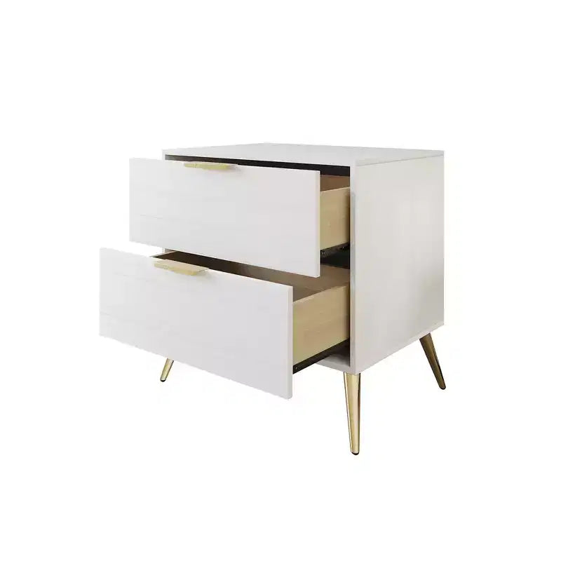 2-Drawer Nightstand with Gold Legs and Handles, Solid Wood