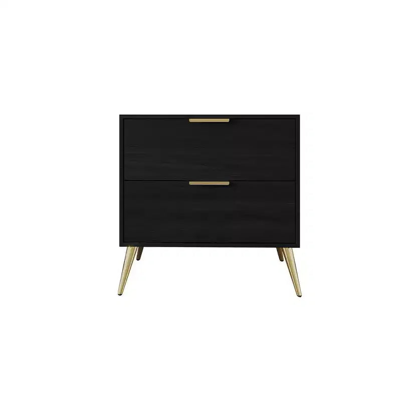 2-Drawer Nightstand with Gold Legs and Handles, Solid Wood