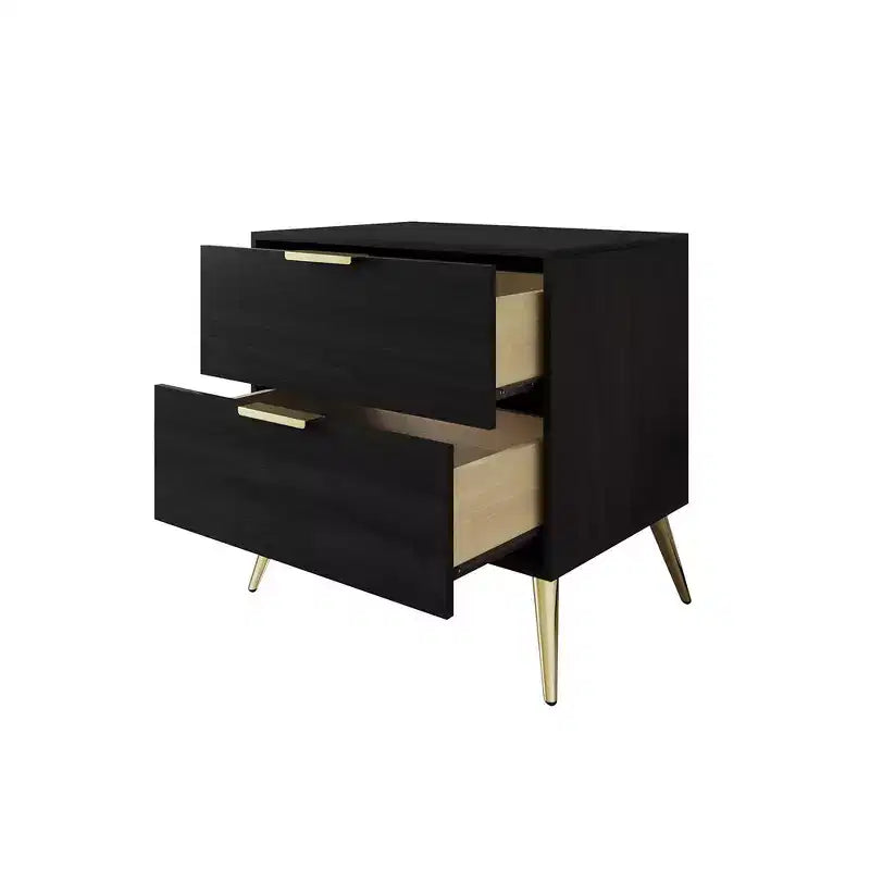 2-Drawer Nightstand with Gold Legs and Handles, Solid Wood