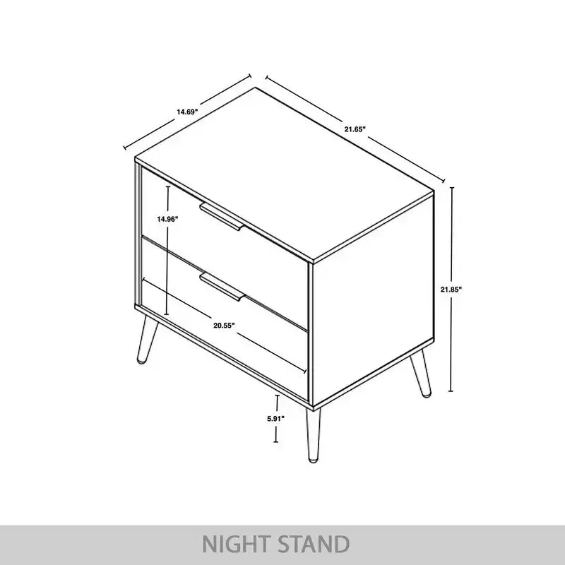 2-Drawer Nightstand with Gold Legs and Handles, Solid Wood