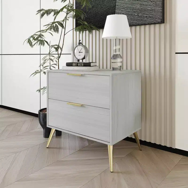 2-Drawer Nightstand with Gold Legs and Handles, Solid Wood