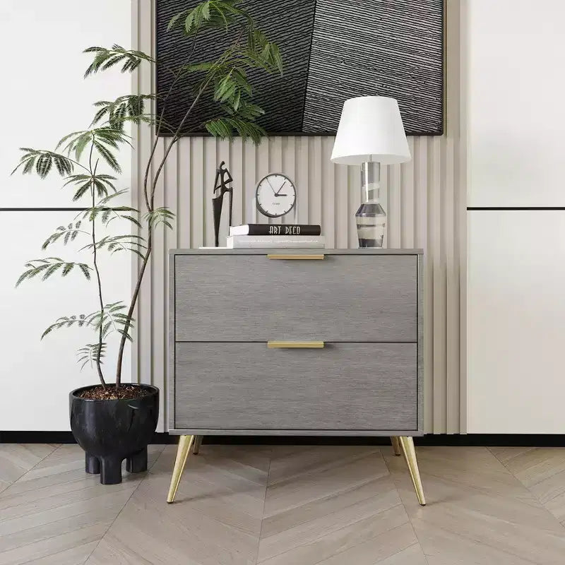 2-Drawer Nightstand with Gold Legs and Handles, Solid Wood