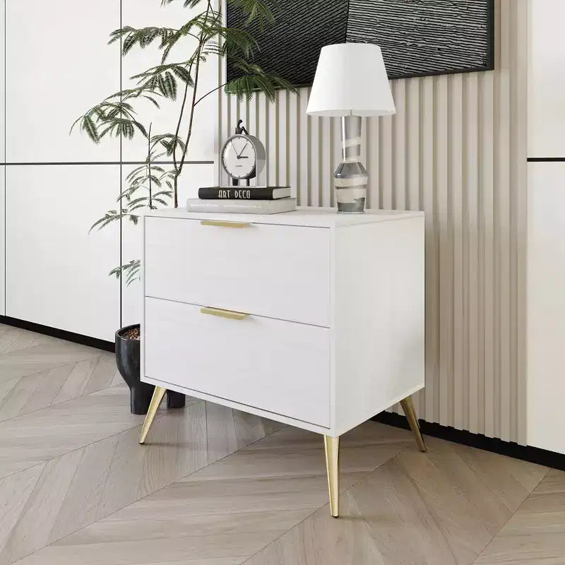 2-Drawer Nightstand with Gold Legs and Handles, Solid Wood