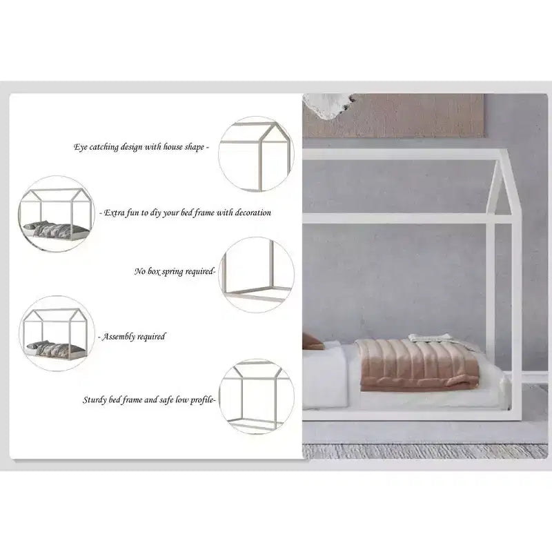 Kids Wooden Canopy Bed Frame, House-Shaped, Twin Size