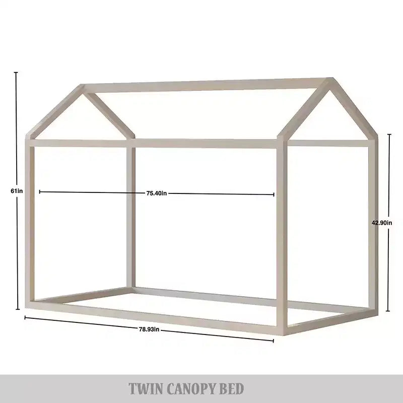 Kids Wooden Canopy Bed Frame, House-Shaped, Twin Size