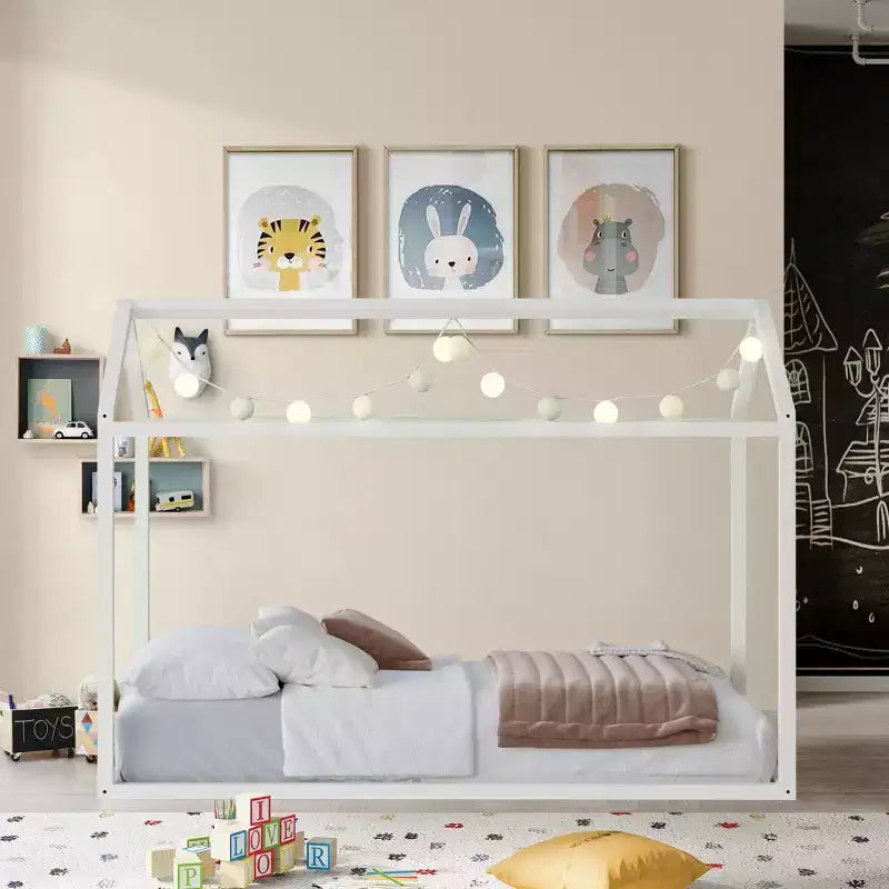 Kids Wooden Canopy Bed Frame, House-Shaped, Twin Size