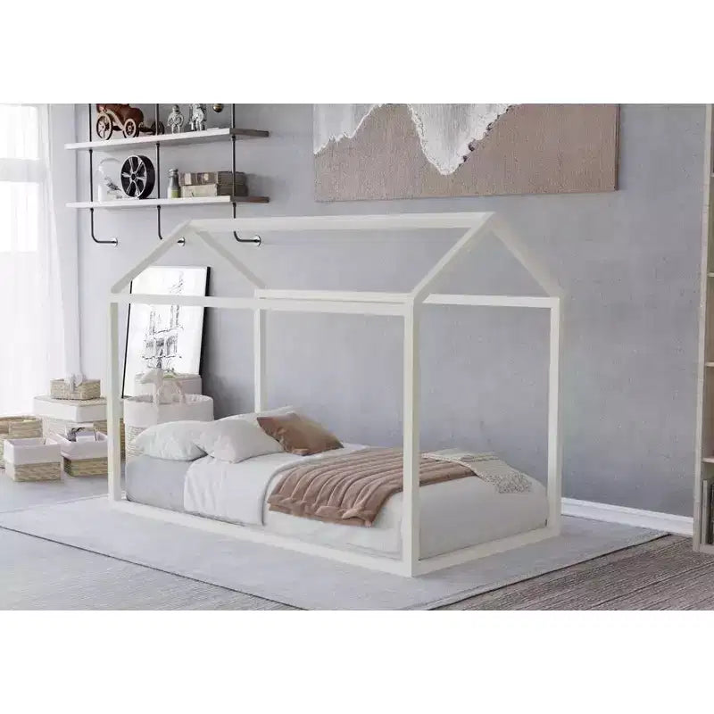 Kids Wooden Canopy Bed Frame, House-Shaped, Twin Size
