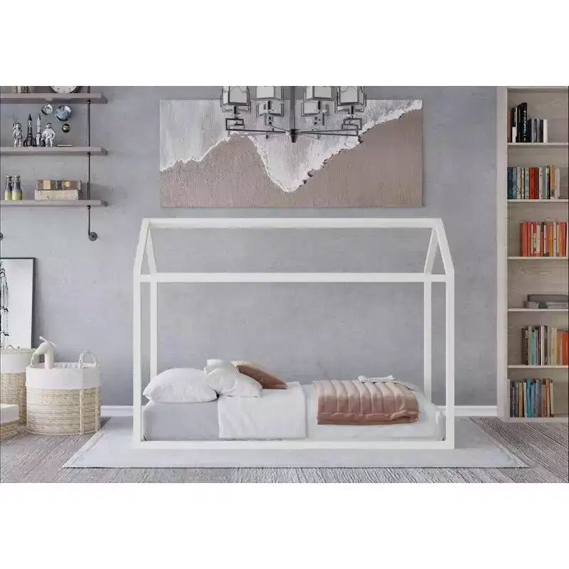 Kids Wooden Canopy Bed Frame, House-Shaped, Twin Size