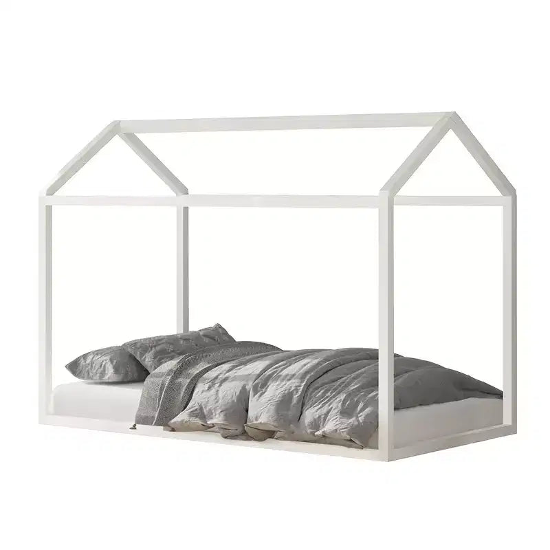 Kids Wooden Canopy Bed Frame, House-Shaped, Twin Size