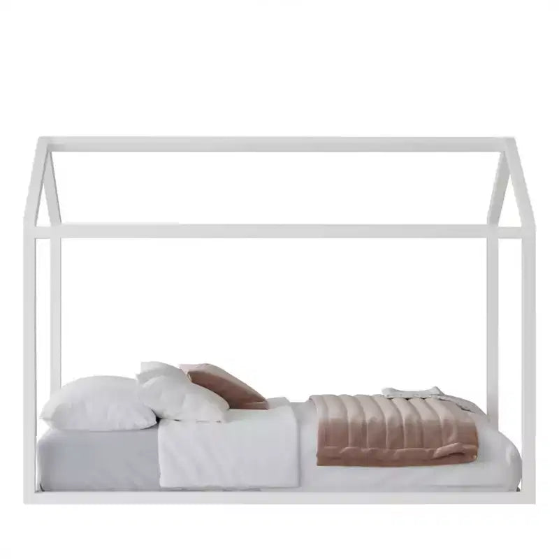 Kids Wooden Canopy Bed Frame, House-Shaped, Twin Size