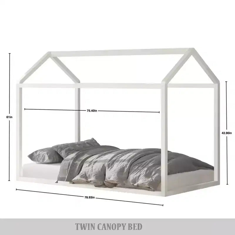 Kids Wooden Canopy Bed Frame, House-Shaped, Twin Size