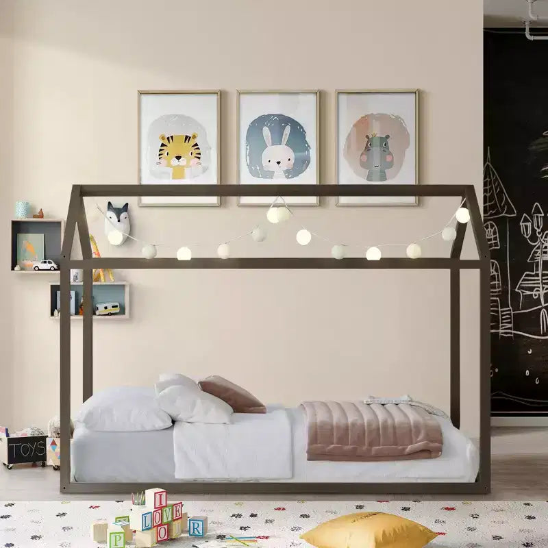 Kids Wooden Canopy Bed Frame, House-Shaped, Twin Size
