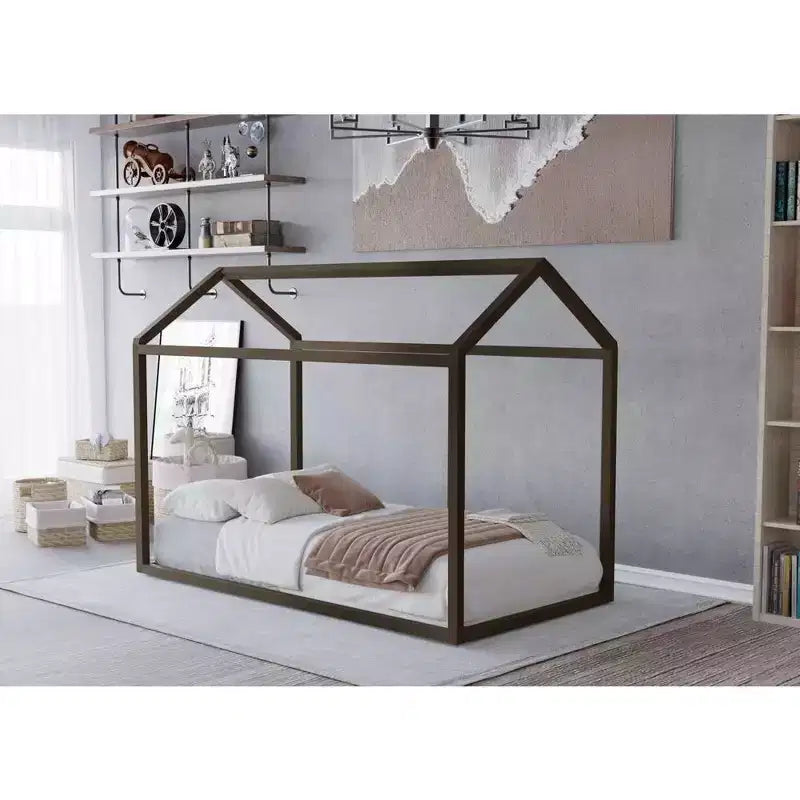Kids Wooden Canopy Bed Frame, House-Shaped, Twin Size