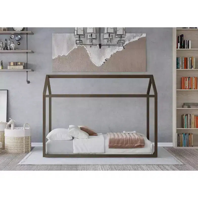 Kids Wooden Canopy Bed Frame, House-Shaped, Twin Size