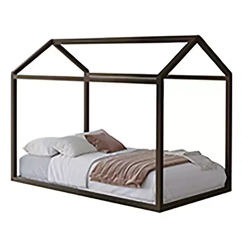 Kids Wooden Canopy Bed Frame, House-Shaped, Twin Size