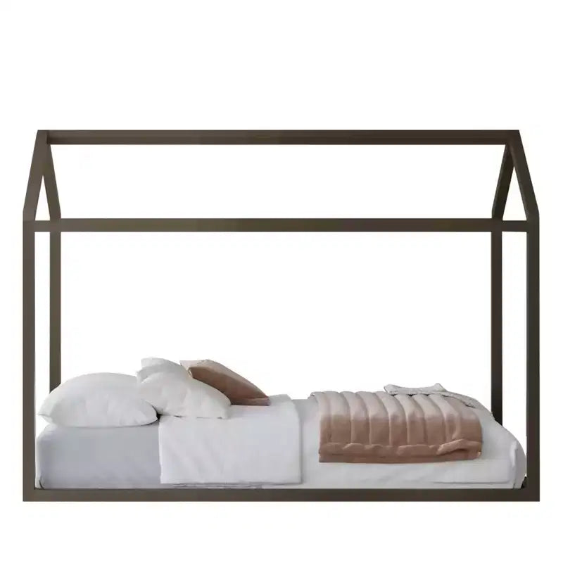 Kids Wooden Canopy Bed Frame, House-Shaped, Twin Size