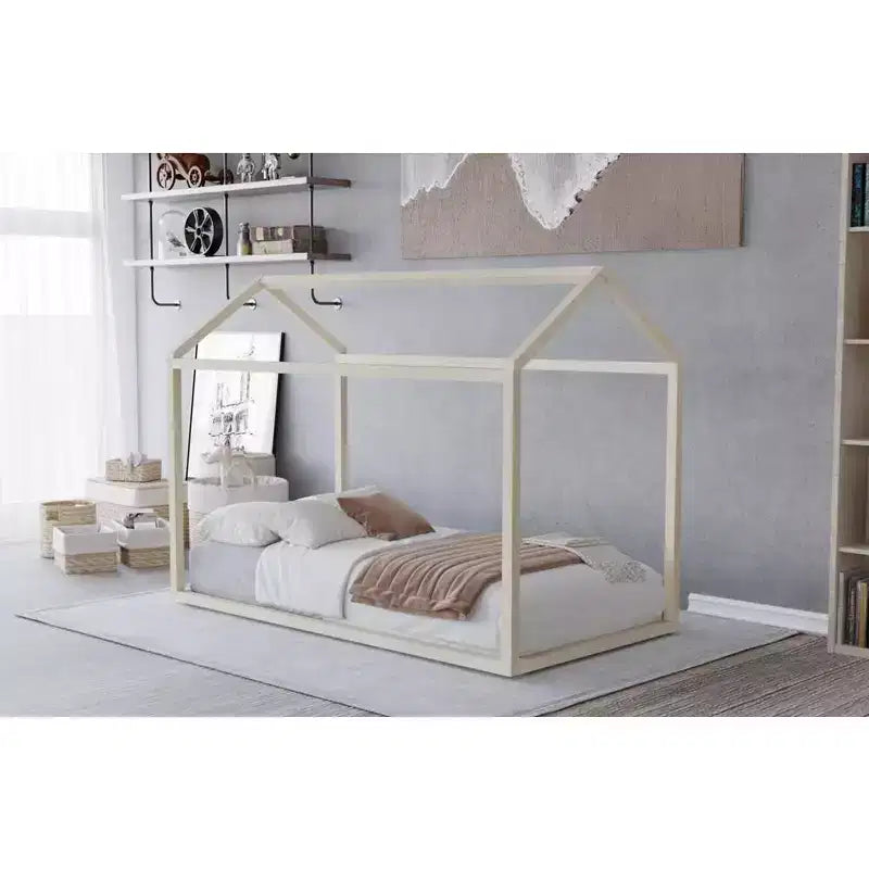 Kids Wooden Canopy Bed Frame, House-Shaped, Twin Size