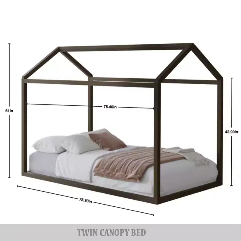 Kids Wooden Canopy Bed Frame, House-Shaped, Twin Size