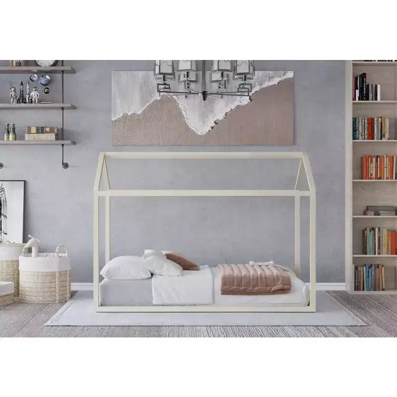 Kids Wooden Canopy Bed Frame, House-Shaped, Twin Size